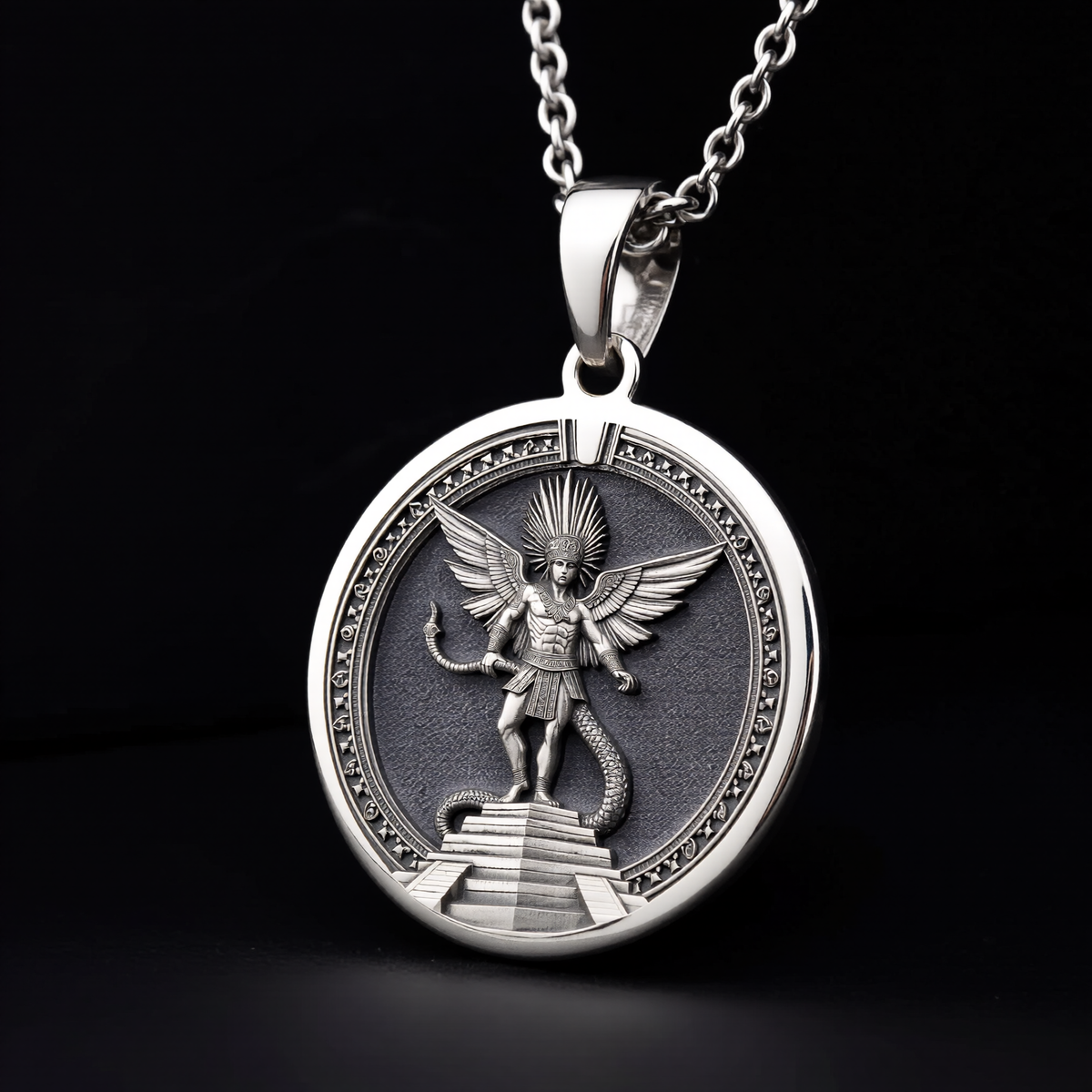 Huitzilopochtli Necklace: Silver Aztec Sun God, Warrior Protection Amulet