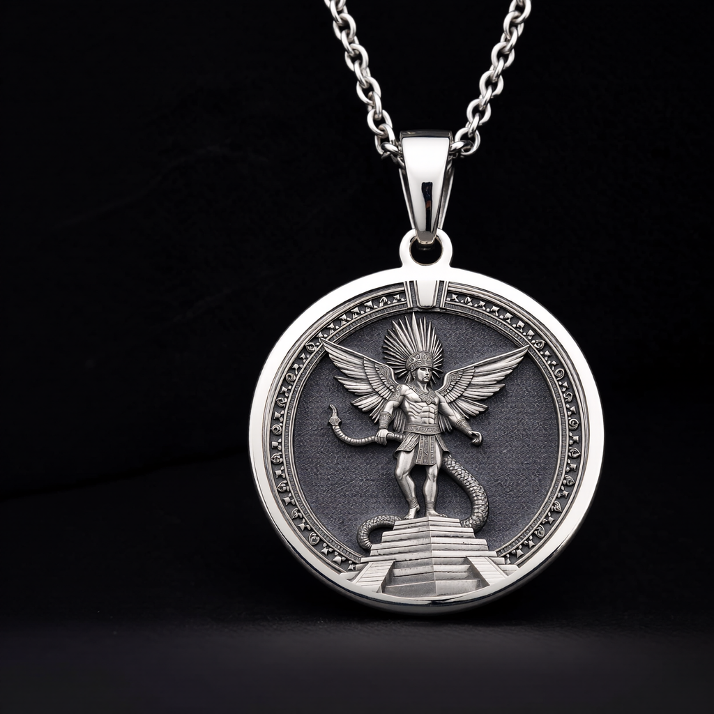 Huitzilopochtli Necklace: Silver Aztec Sun God, Warrior Protection Amulet
