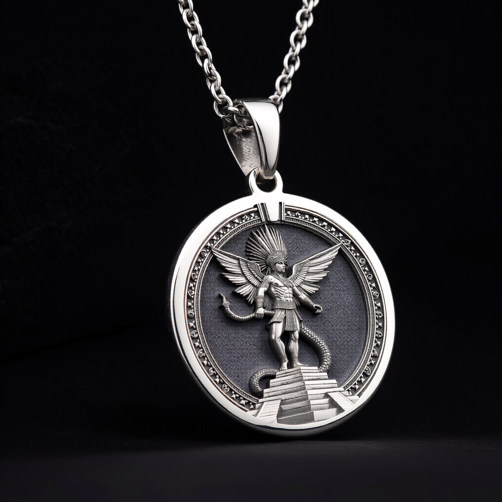 Huitzilopochtli Necklace: Silver Aztec Sun God, Warrior Protection Amulet