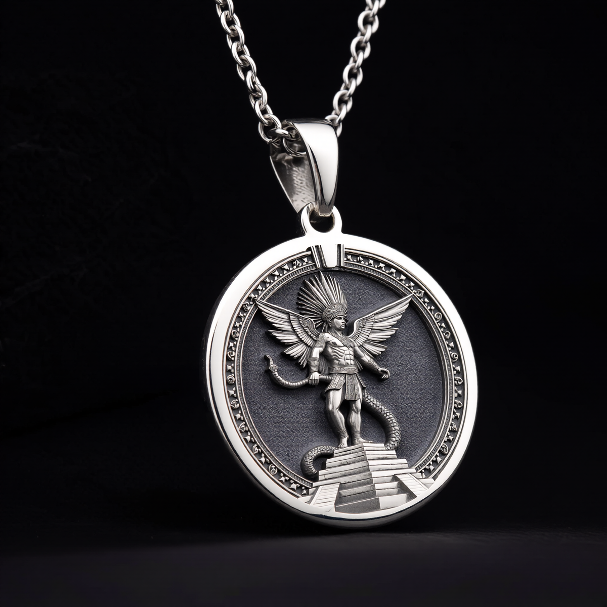 Huitzilopochtli Necklace: Silver Aztec Sun God, Warrior Protection Amulet