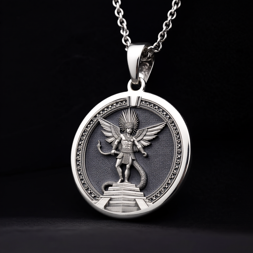 Huitzilopochtli Necklace: Silver Aztec Sun God, Warrior Protection Amulet