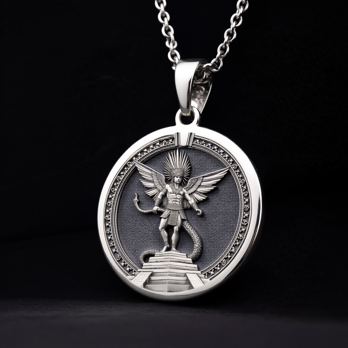 Huitzilopochtli Necklace: Silver Aztec Sun God, Warrior Protection Amulet