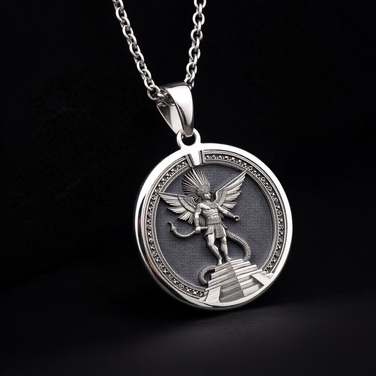 Huitzilopochtli Necklace: Silver Aztec Sun God, Warrior Protection Amulet
