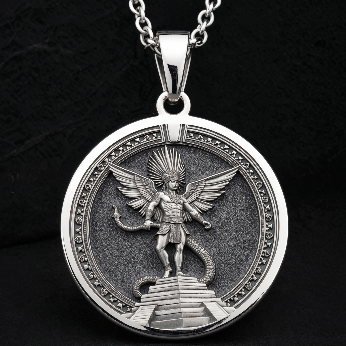Huitzilopochtli Necklace: Silver Aztec Sun God, Warrior Protection Amulet