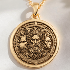 Hades Three-Headed Dog Talisman Necklace Necklaces 14K 14K Gold Plated pendant necklace featuring classical bearded faces design on a round medallion.