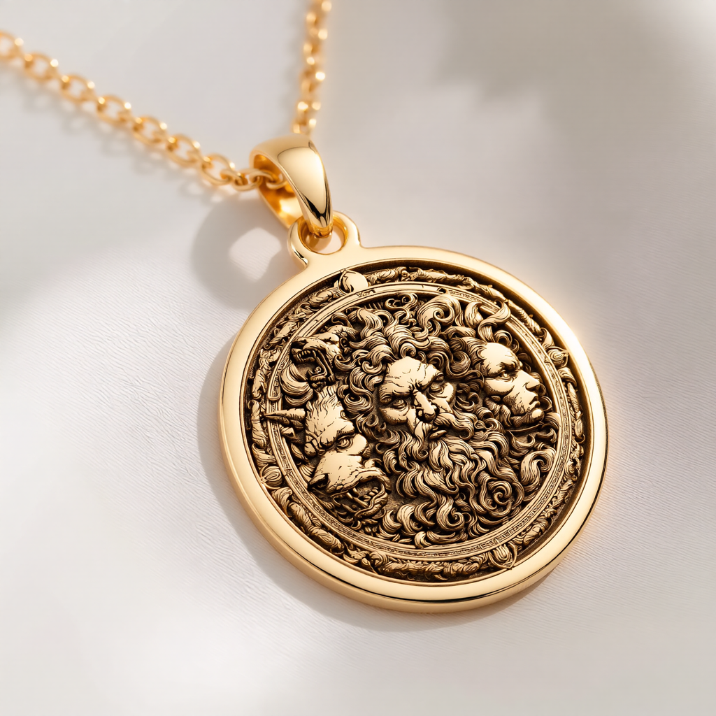 Hades Three-Headed Dog Talisman Necklace Necklaces 14K 14K Gold Plated pendant necklace featuring a round classical bearded bust design.