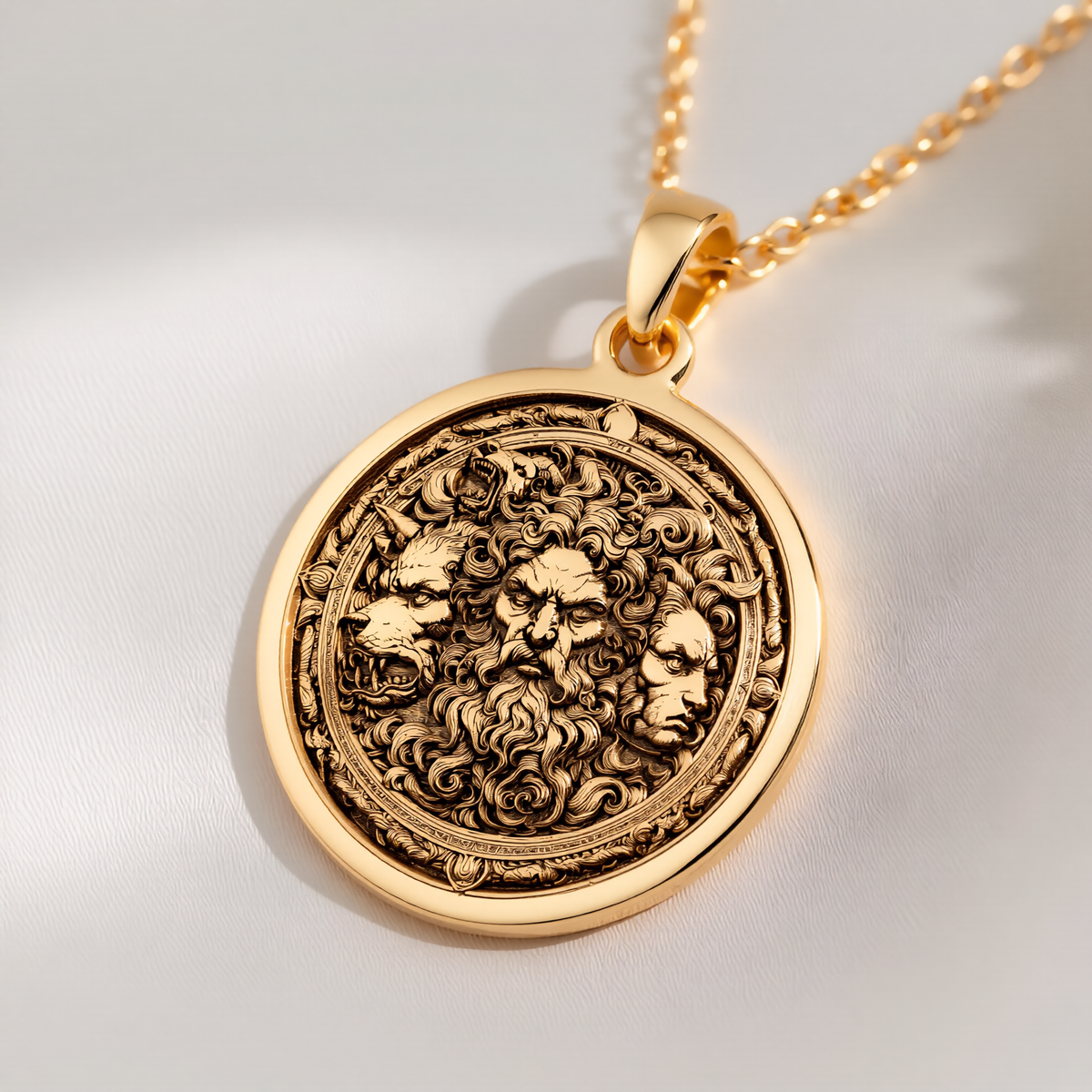 Hades Three-Headed Dog Talisman Necklace Necklaces 14K 14K Gold Plated pendant necklace featuring intertwined classical faces in a circular design.