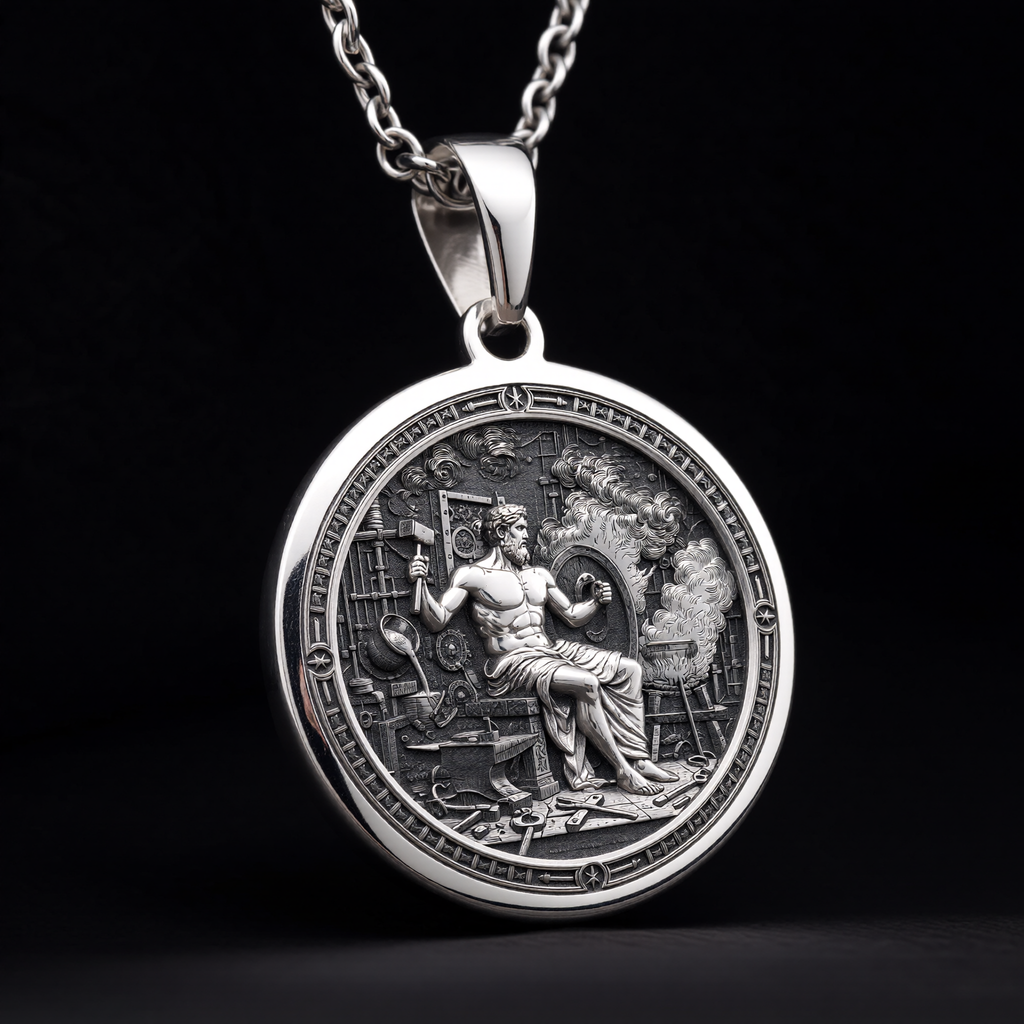 Hephaestus God of Fire Medallion Pendant — Solid 925 Sterling Silver craftsmanship view