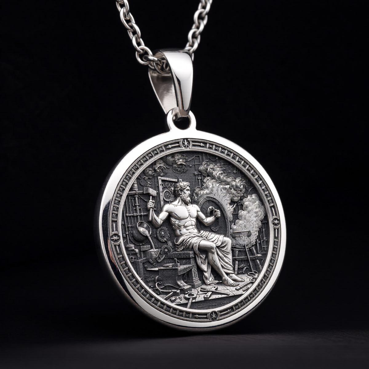 Hephaestus God of Fire Medallion Pendant — Solid 925 Sterling Silver craftsmanship view