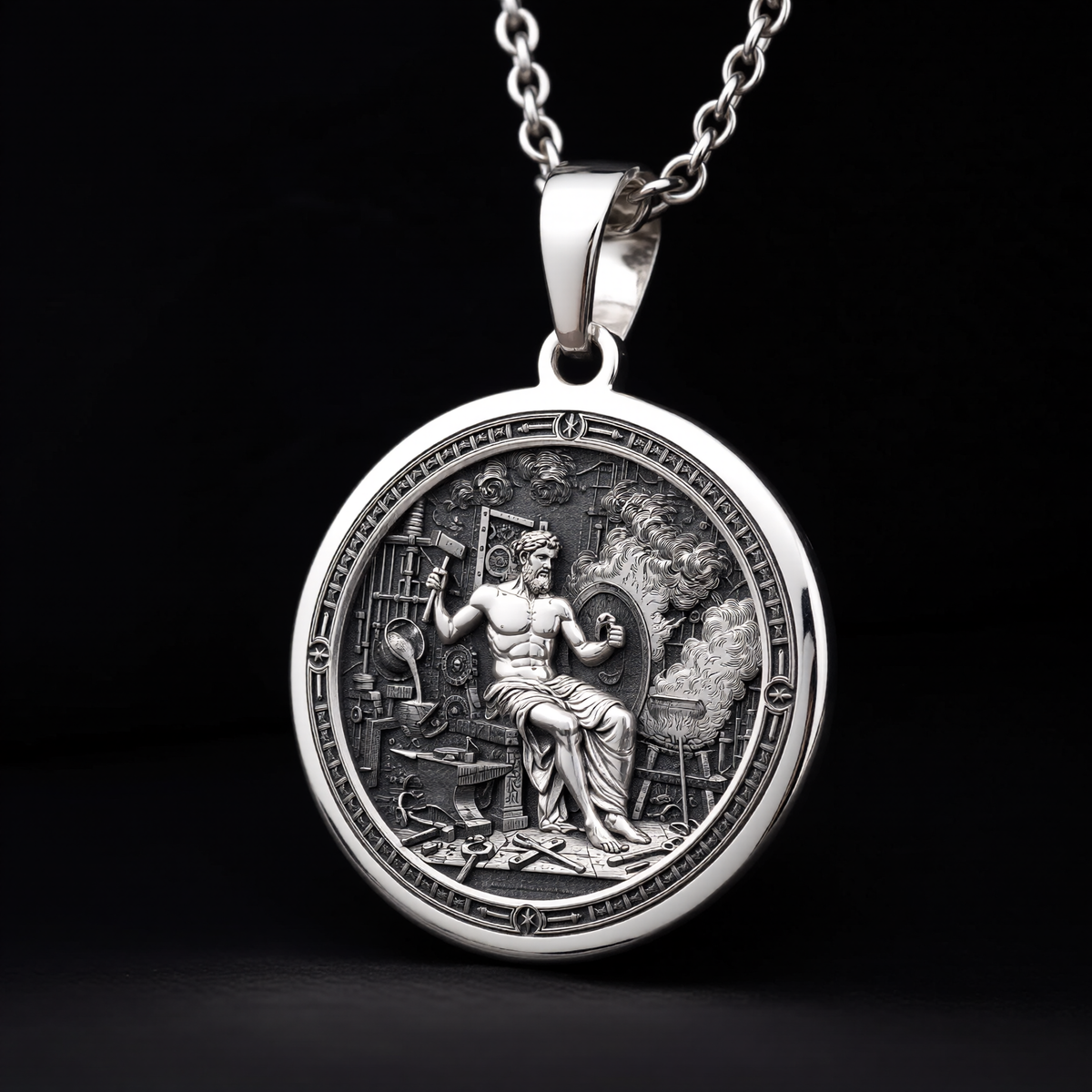 Hephaestus God of Fire Medallion Pendant — Solid 925 Sterling Silver pendant proportion view
