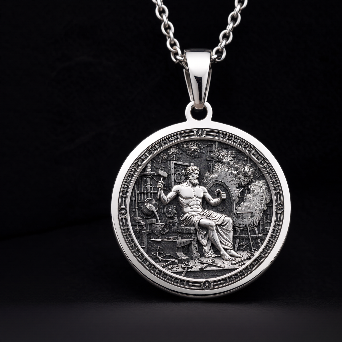 Hephaestus God of Fire Medallion Pendant — Solid 925 Sterling Silver bevel & border detail