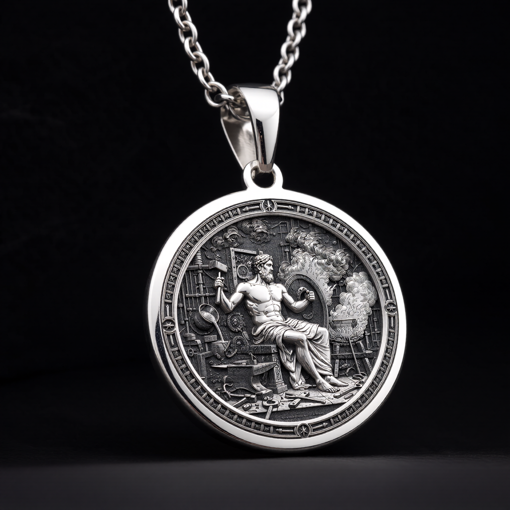 Hephaestus God of Fire Medallion Pendant — Solid 925 Sterling Silver chain pairing view