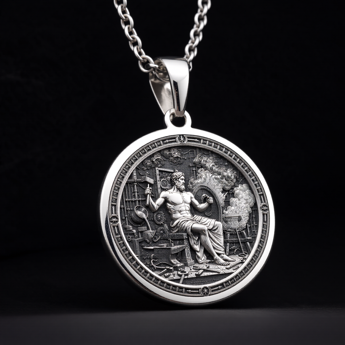 Hephaestus God of Fire Medallion Pendant — Solid 925 Sterling Silver chain pairing view