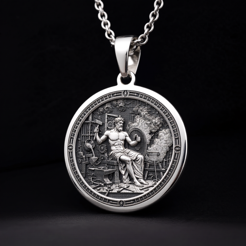 Hephaestus God of Fire Medallion Pendant — Solid 925 Sterling Silver textured relief view
