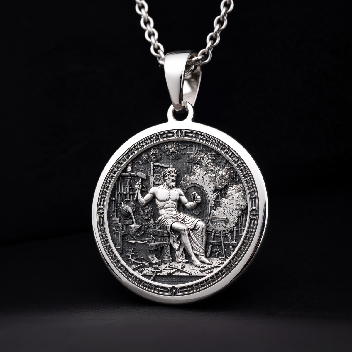 Hephaestus God of Fire Medallion Pendant — Solid 925 Sterling Silver textured relief view