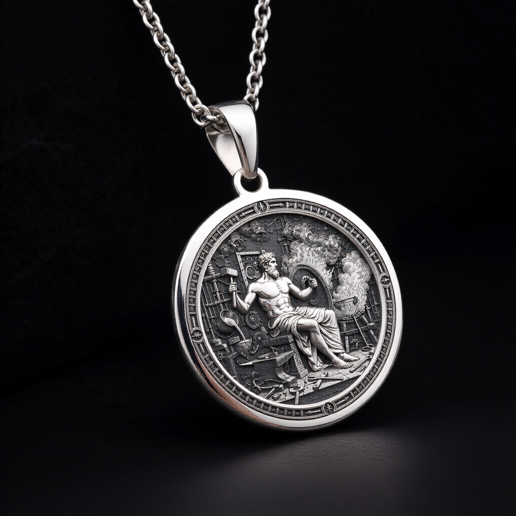 Hephaestus God of Fire Medallion Pendant — Solid 925 Sterling Silver gallery angle view