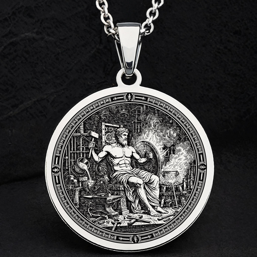 Hephaestus God of Fire Medallion Pendant — Solid 925 Sterling Silver gift presentation view