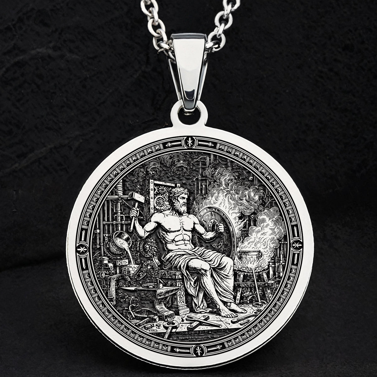Hephaestus God of Fire Medallion Pendant — Solid 925 Sterling Silver studio showcase view