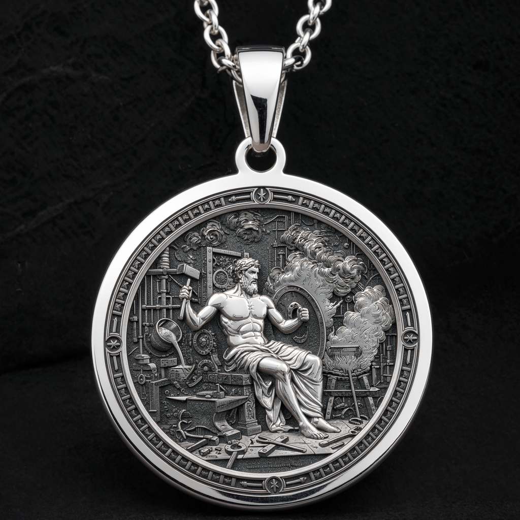 Hephaestus God of Fire Medallion Pendant — Solid 925 Sterling Silver motif close-up