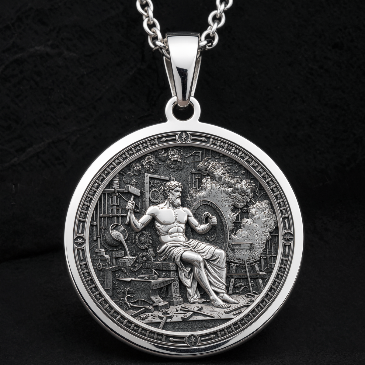 Hephaestus God of Fire Medallion Pendant — Solid 925 Sterling Silver motif close-up