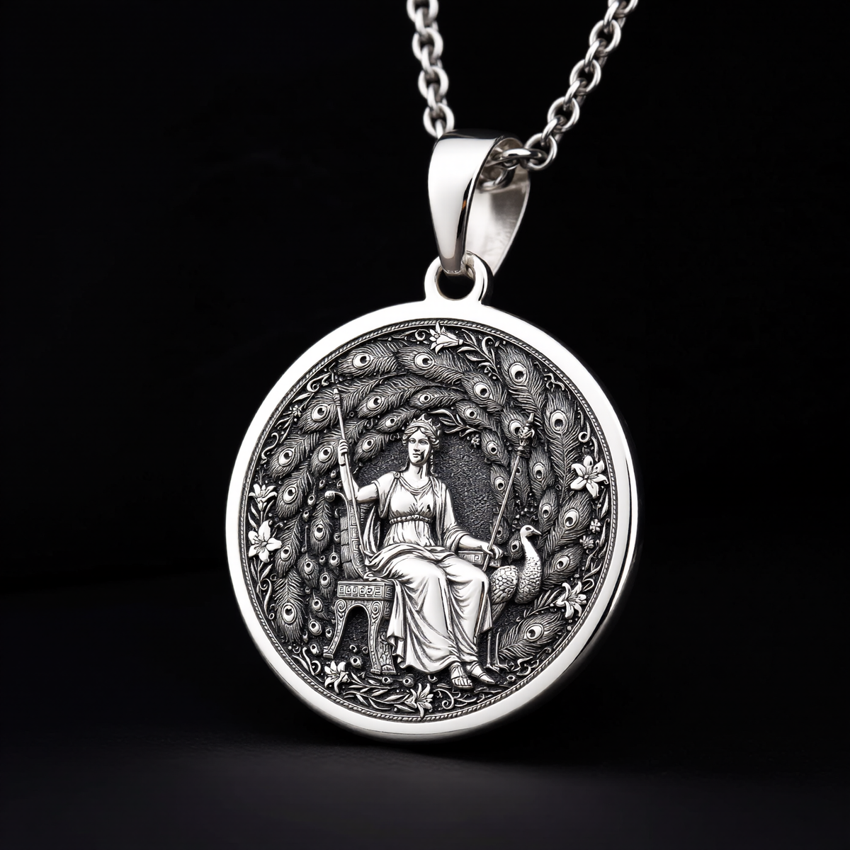 Hera Queen of the Gods Coin Pendant — Solid 925 Sterling Silver pendant proportion view