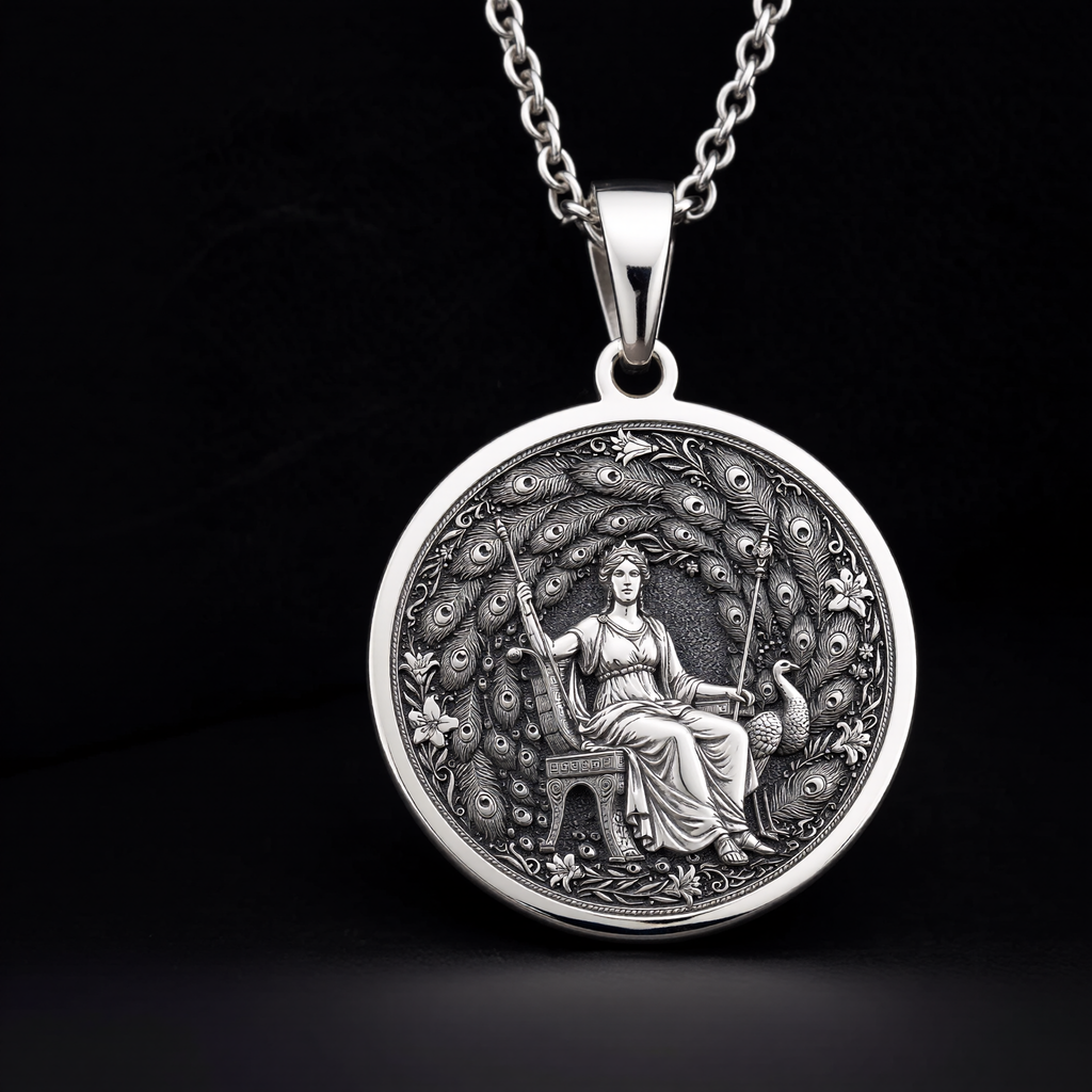 Hera Queen of the Gods Coin Pendant — Solid 925 Sterling Silver bevel & border detail