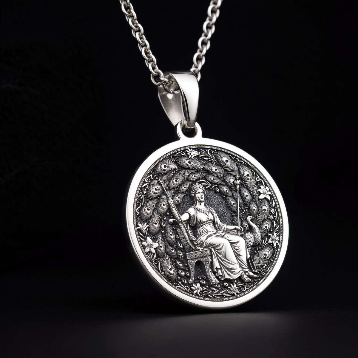 Hera Queen of the Gods Coin Pendant — Solid 925 Sterling Silver chain pairing view