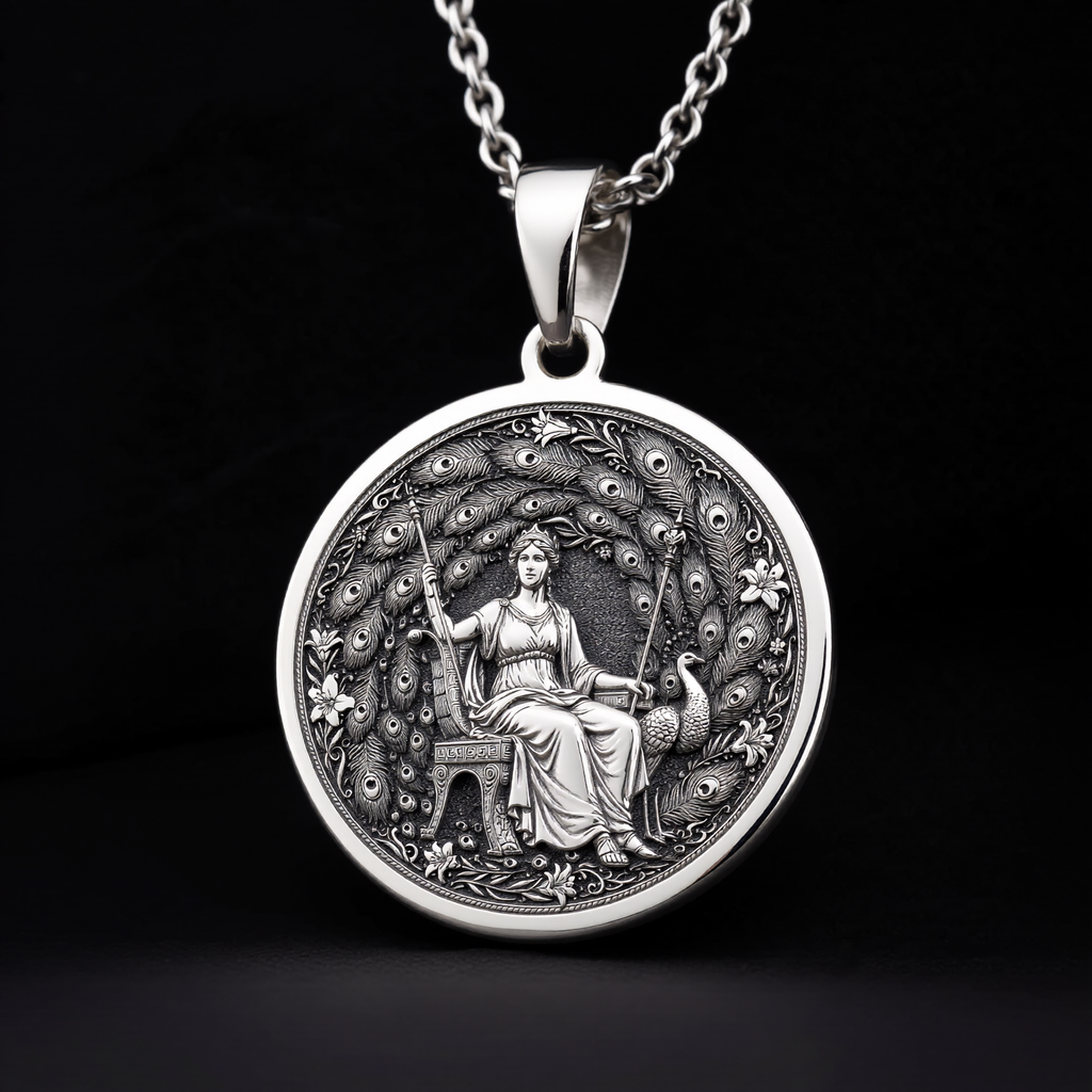 Hera Queen of the Gods Coin Pendant — Solid 925 Sterling Silver textured relief view