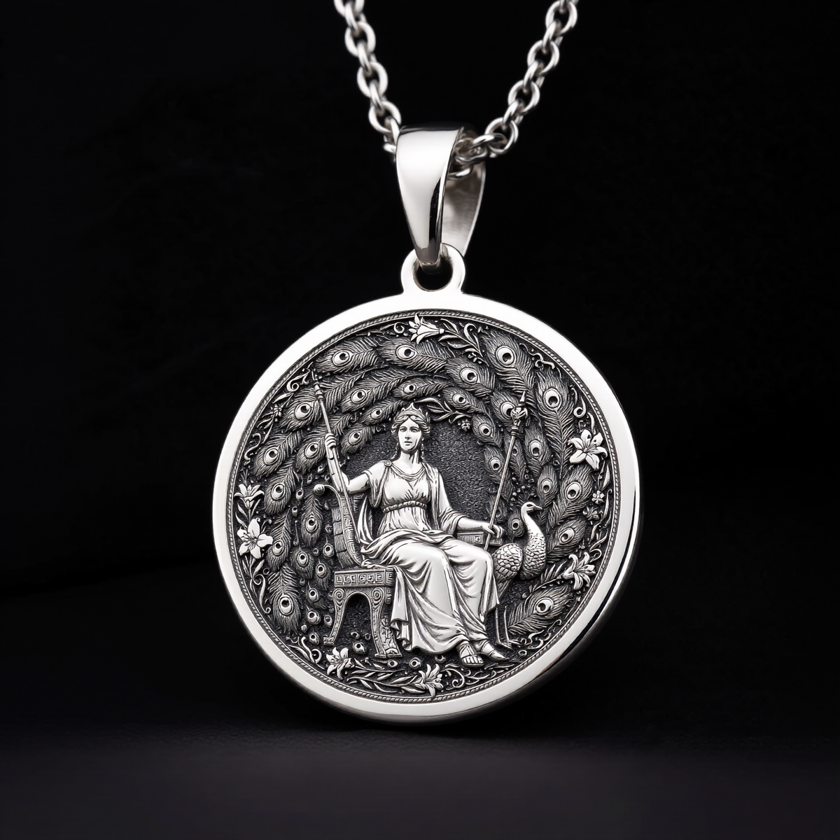 Hera Queen of the Gods Coin Pendant — Solid 925 Sterling Silver textured relief view