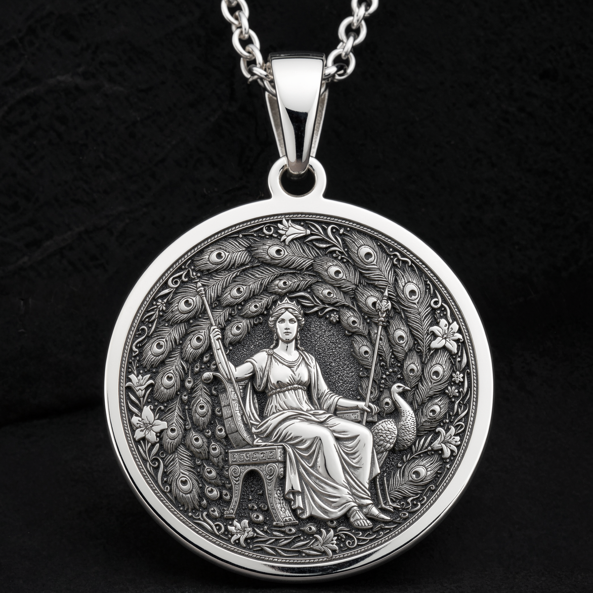 Hera Queen of the Gods Coin Pendant — Solid 925 Sterling Silver motif close-up