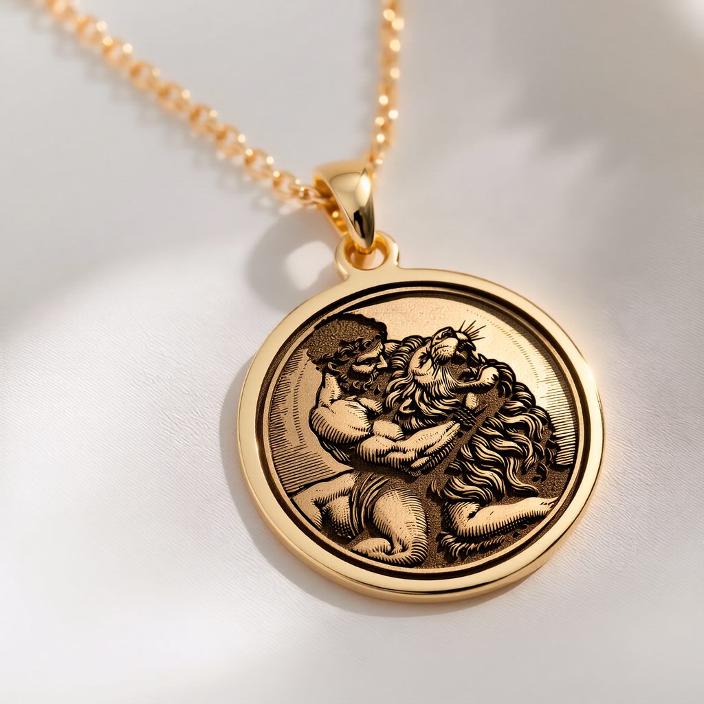Hercules Lion Nemean Lion Pendant Necklaces 14K 14K Gold Plated pendant necklace featuring a classical mythological figure relief design.