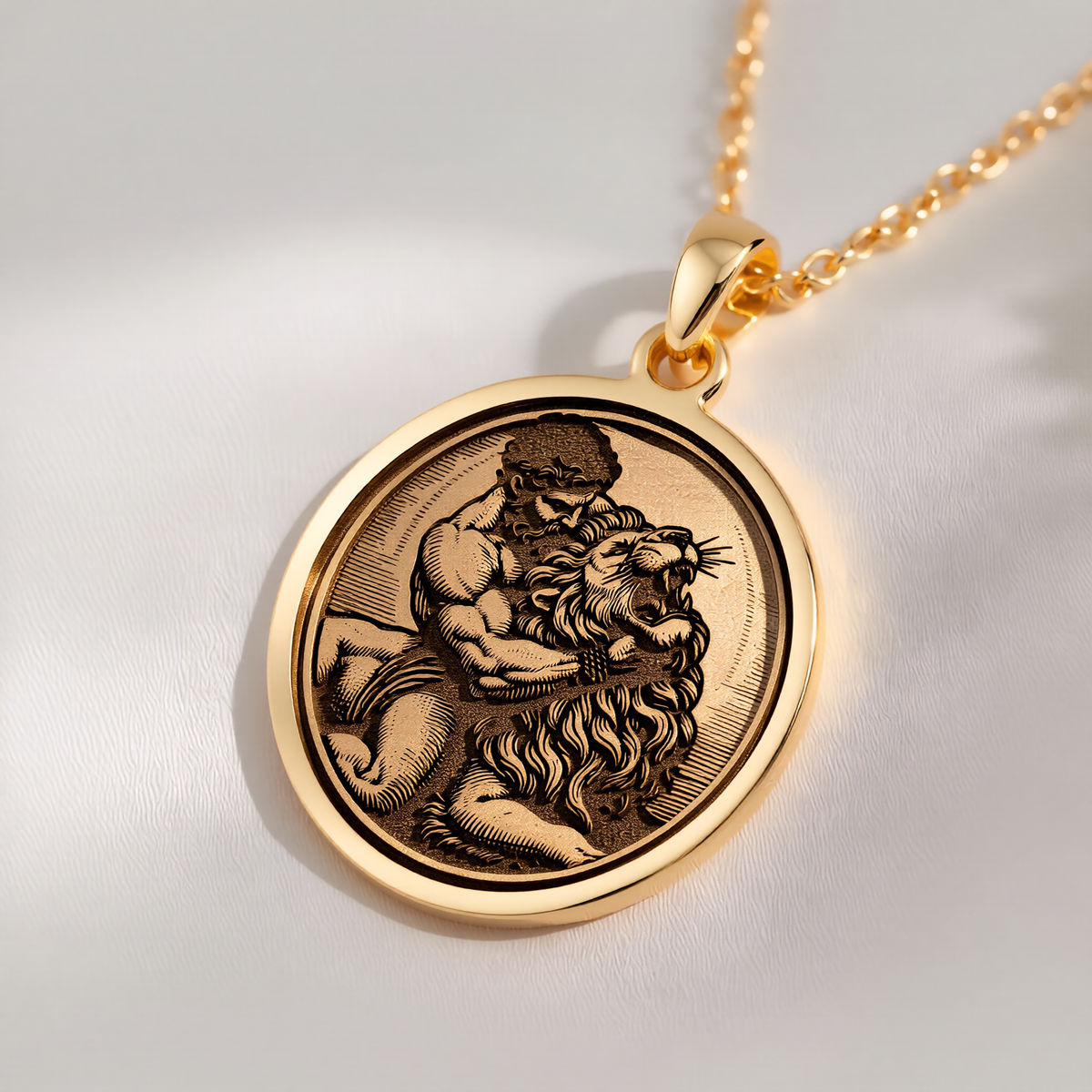 Hercules Lion Nemean Lion Pendant Necklaces 14K 14K Gold Plated pendant necklace featuring a bearded lion-man design on a round disc.