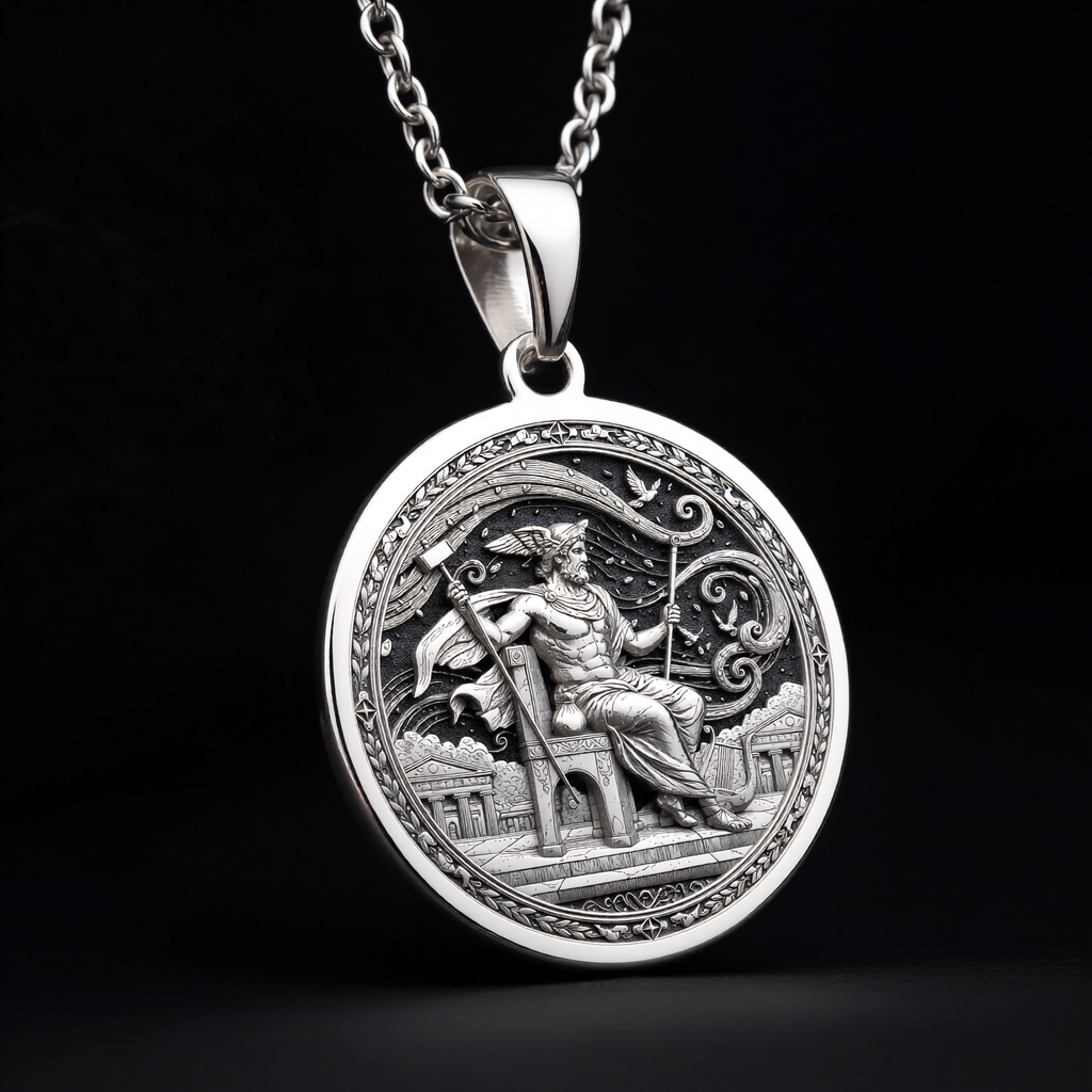 925 sterling silver Greek Messenger God Hermes pendant, detailed view 13.