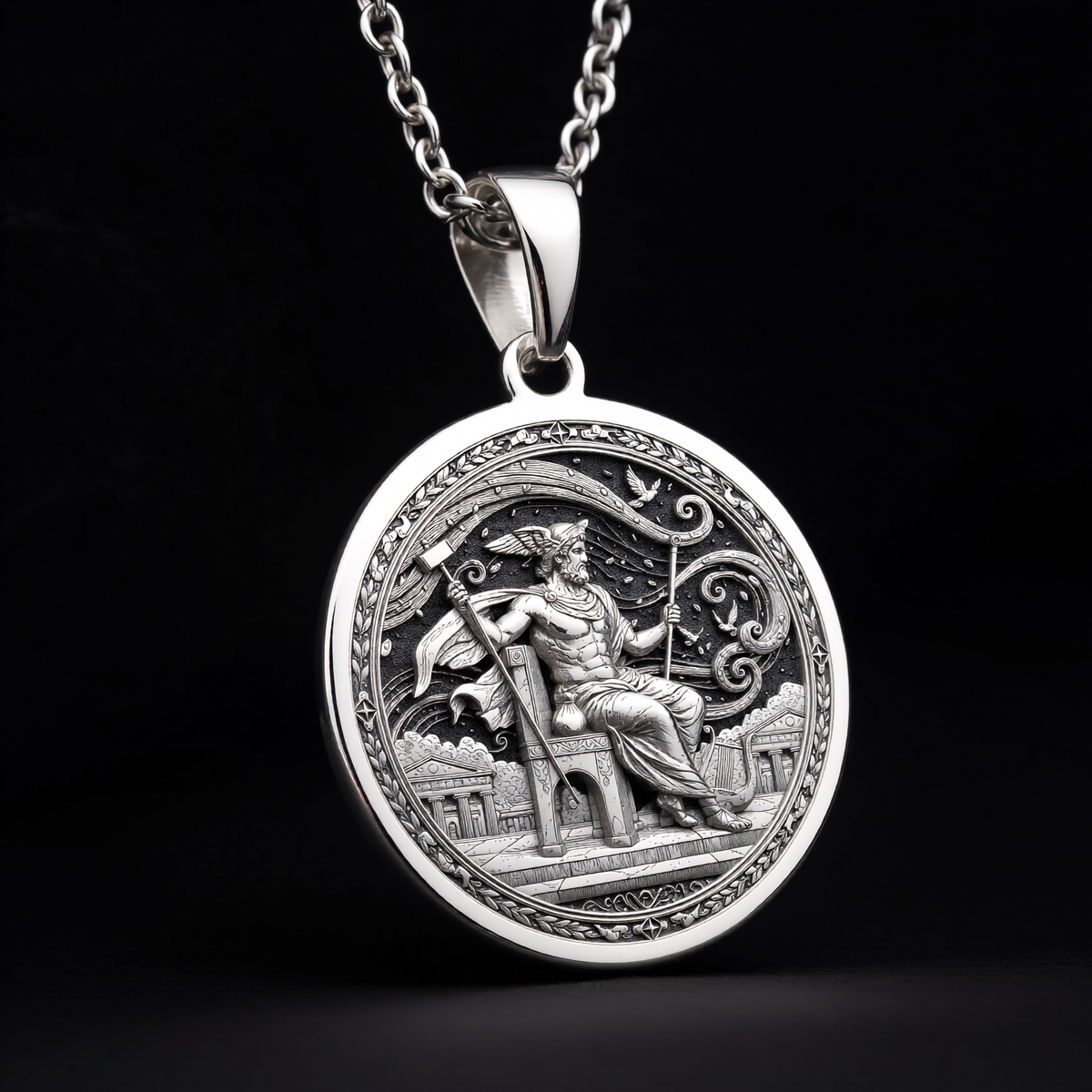 925 sterling silver Greek Messenger God Hermes pendant, detailed view 13.