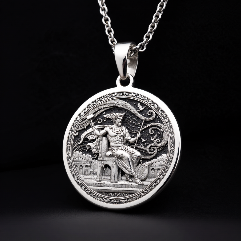 925 sterling silver Greek Messenger God Hermes pendant, detailed view 16.