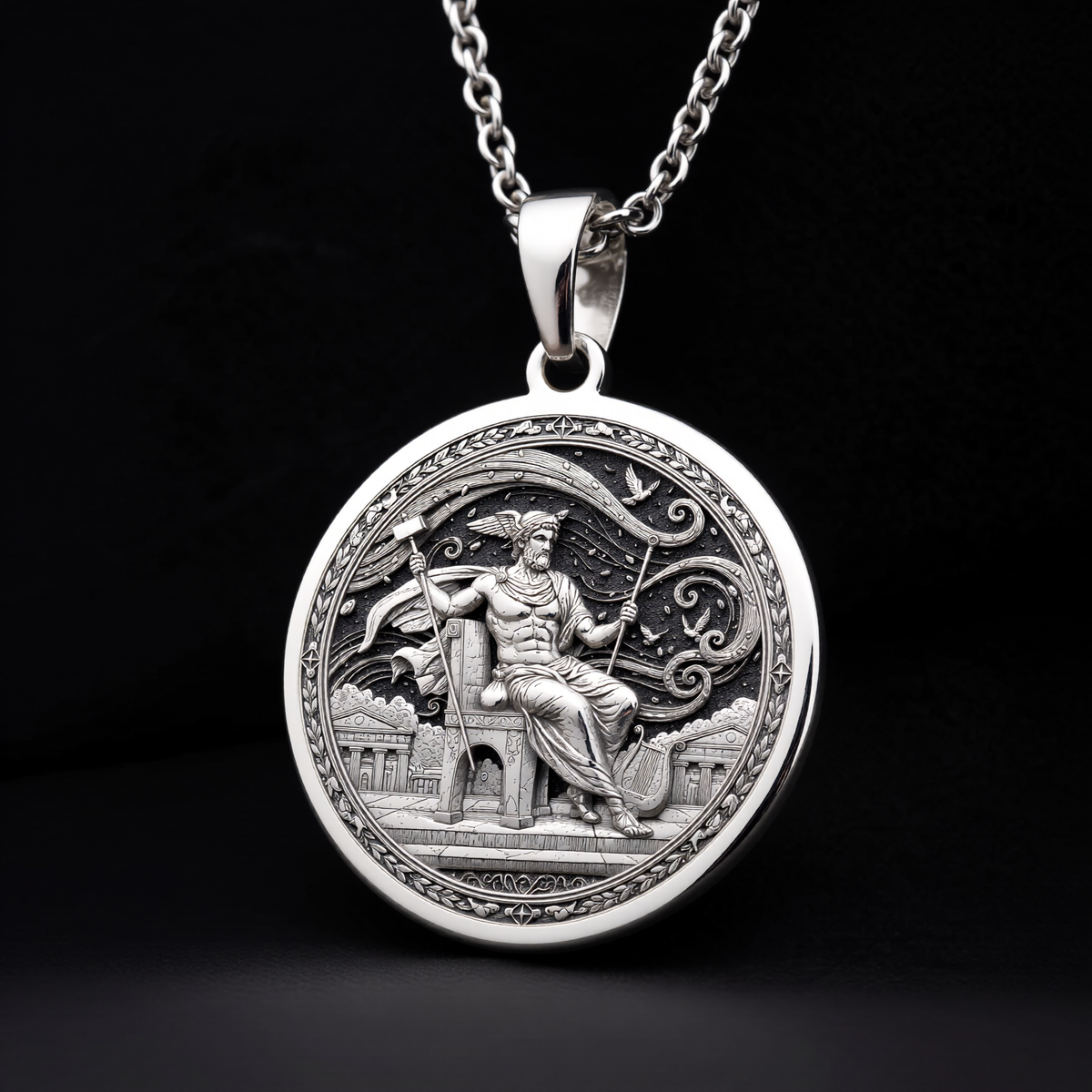 925 sterling silver Greek Messenger God Hermes pendant, detailed view 16.