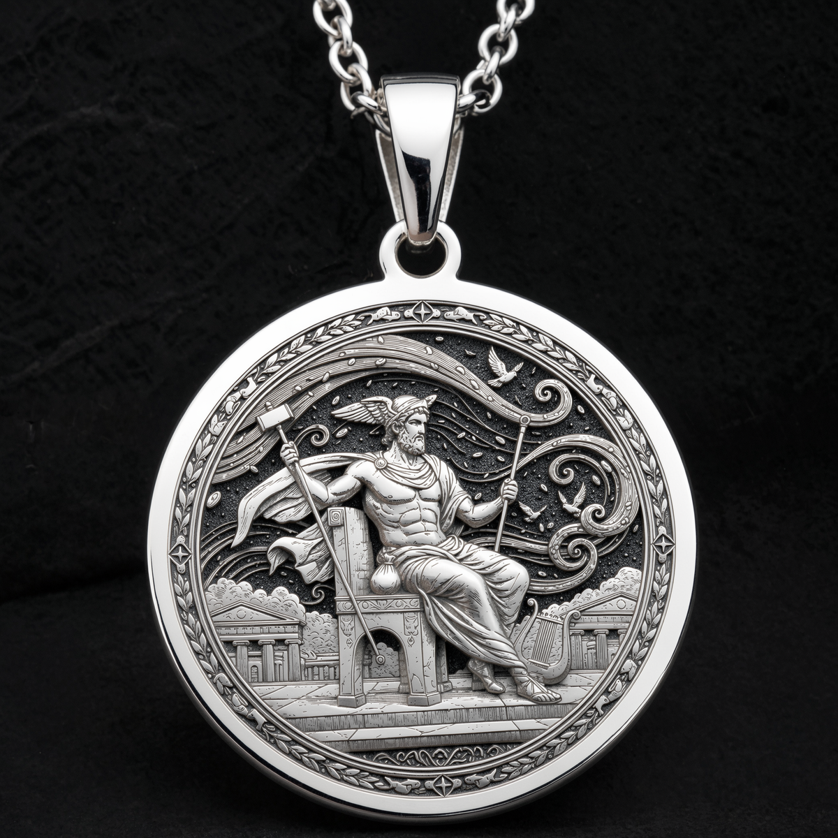 925 sterling silver Greek Messenger God Hermes pendant, detailed view 11.