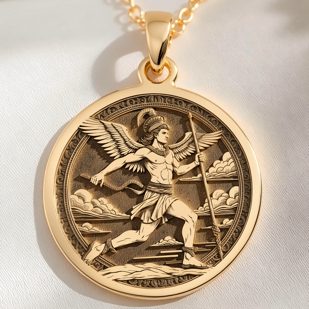 Hermes Medallion Greek God Necklace Necklaces 14K 14K Gold Plated winged male running pendant with classical border design necklace