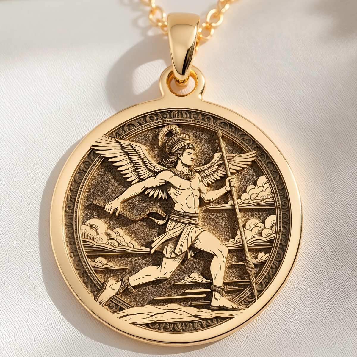 Hermes Medallion Greek God Necklace Necklaces 14K 14K Gold Plated winged male running pendant with classical border design necklace
