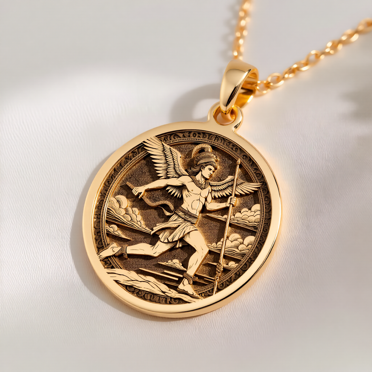 Hermes Medallion Greek God Necklace Necklaces 14K 14K Gold Plated winged figure running pendant necklace with classical mythological design