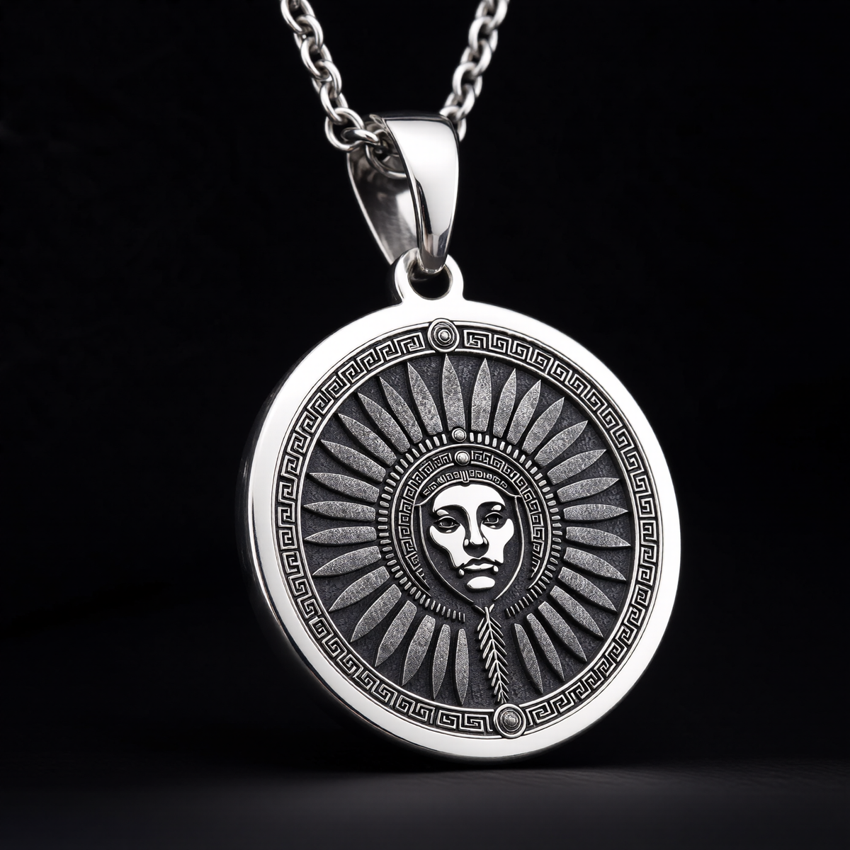 Inti Inca Sun God Medallion Pendant — Solid 925 Sterling Silver bevel & border detail