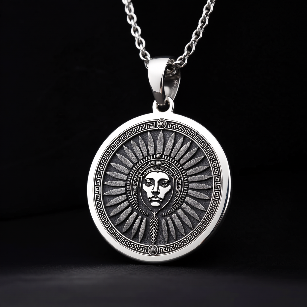 Inti Inca Sun God Medallion Pendant — Solid 925 Sterling Silver chain pairing view