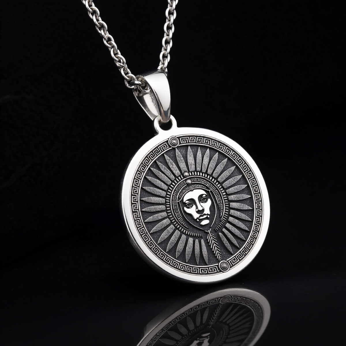 Inti Inca Sun God Medallion Pendant — Solid 925 Sterling Silver textured relief view