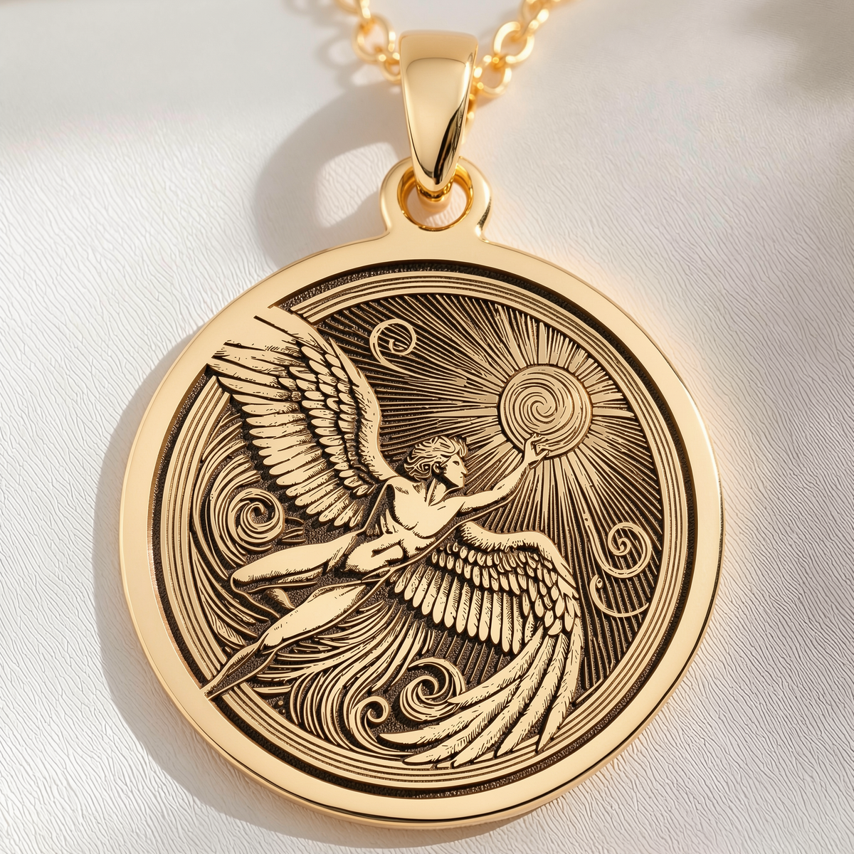 Icarus Medallion Necklace Necklaces 14K 14K Gold Plated winged sunburst pendant necklace with intricate swirling design