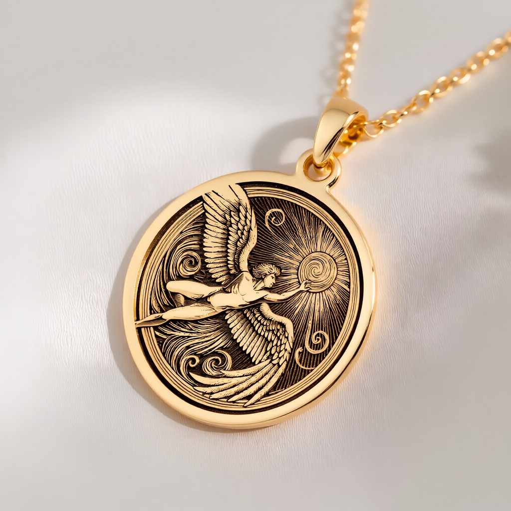 Icarus Medallion Necklace Necklaces 14K 14K Gold Plated winged figure pendant with swirling details on a round disc necklace