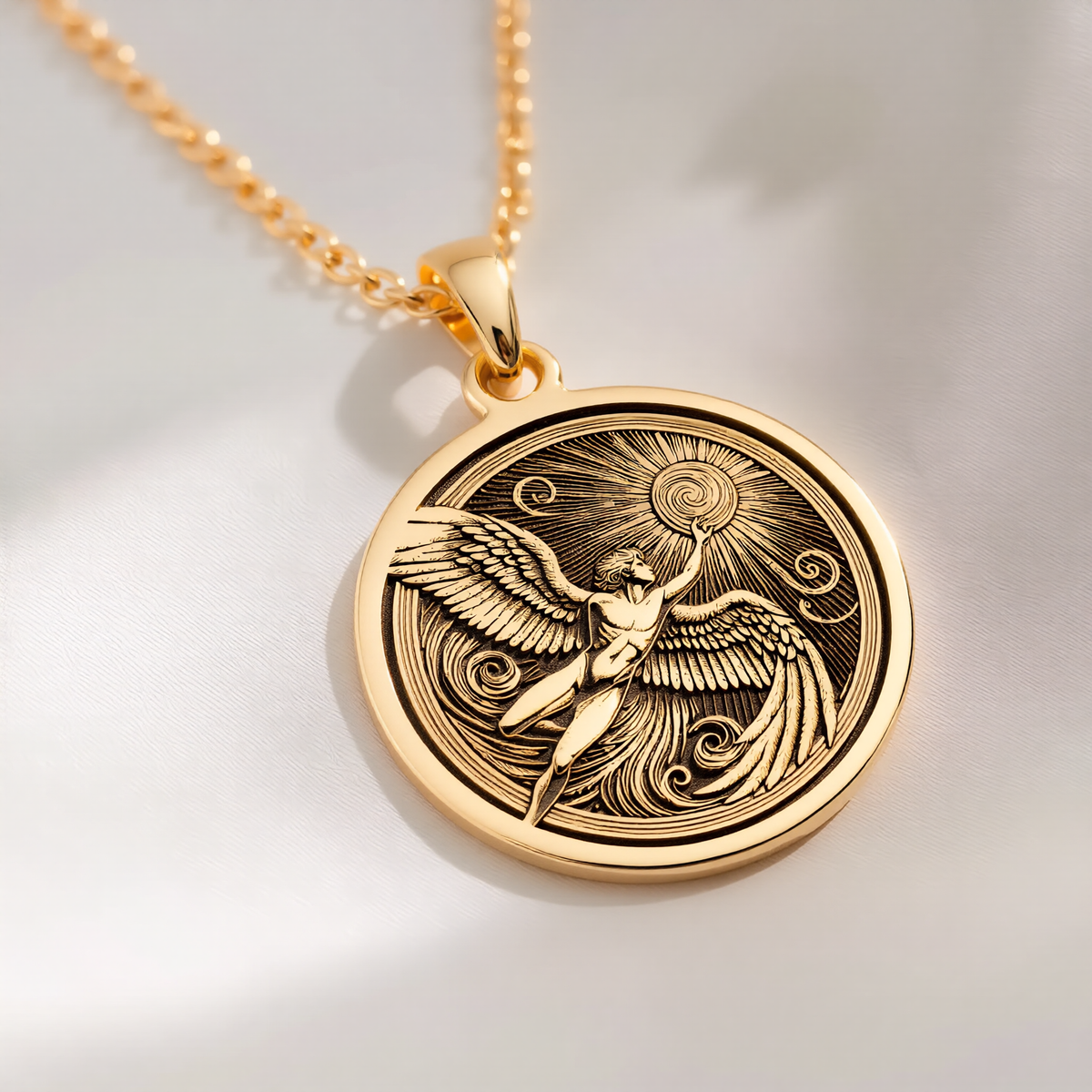 Icarus Medallion Necklace Necklaces 14K 14K Gold Plated winged figure sunburst pendant necklace
