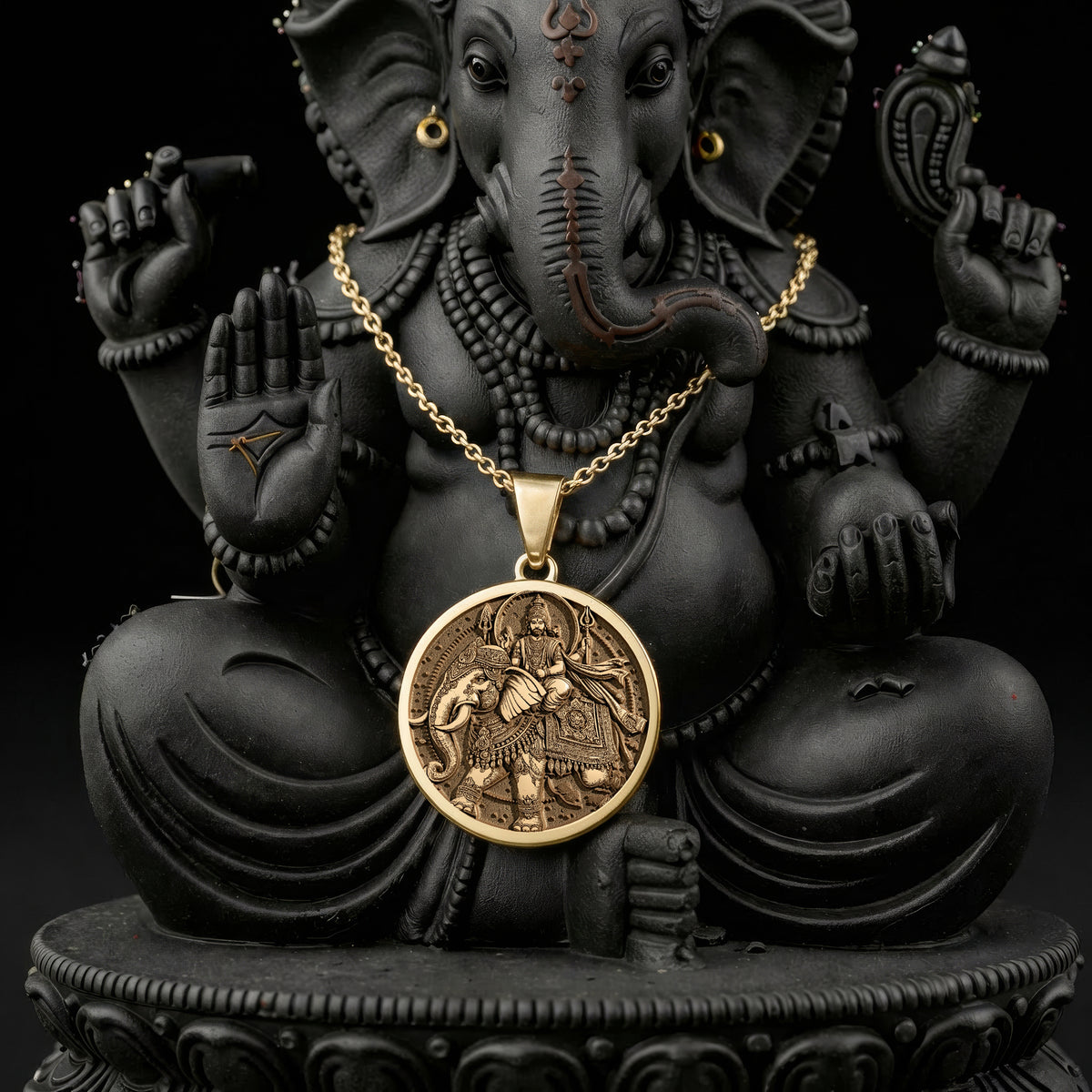 Indra God Vajra Thunderbolt Pendant Necklaces 14K 14K Gold Plated Ganesha round pendant necklace with intricate carving.