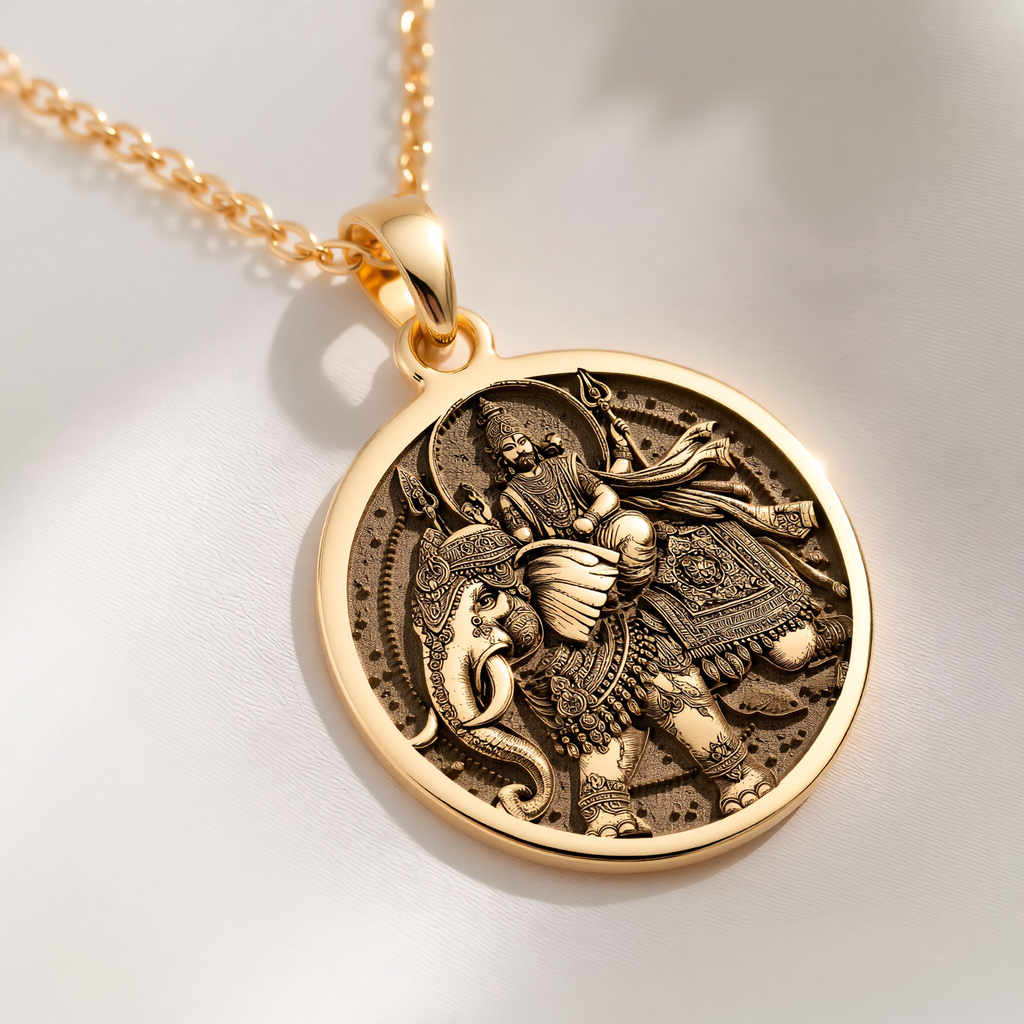 Indra God Vajra Thunderbolt Pendant Necklaces 14K 14K Gold Plated pendant necklace featuring a warrior figure with an elephant motif in a circular design.