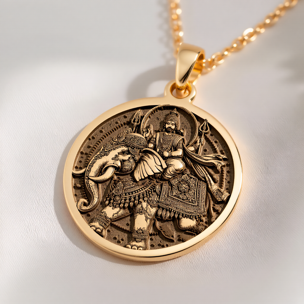 Indra God Vajra Thunderbolt Pendant Necklaces 14K 14K Gold Plated pendant necklace featuring a detailed seated figure with a lion motif.
