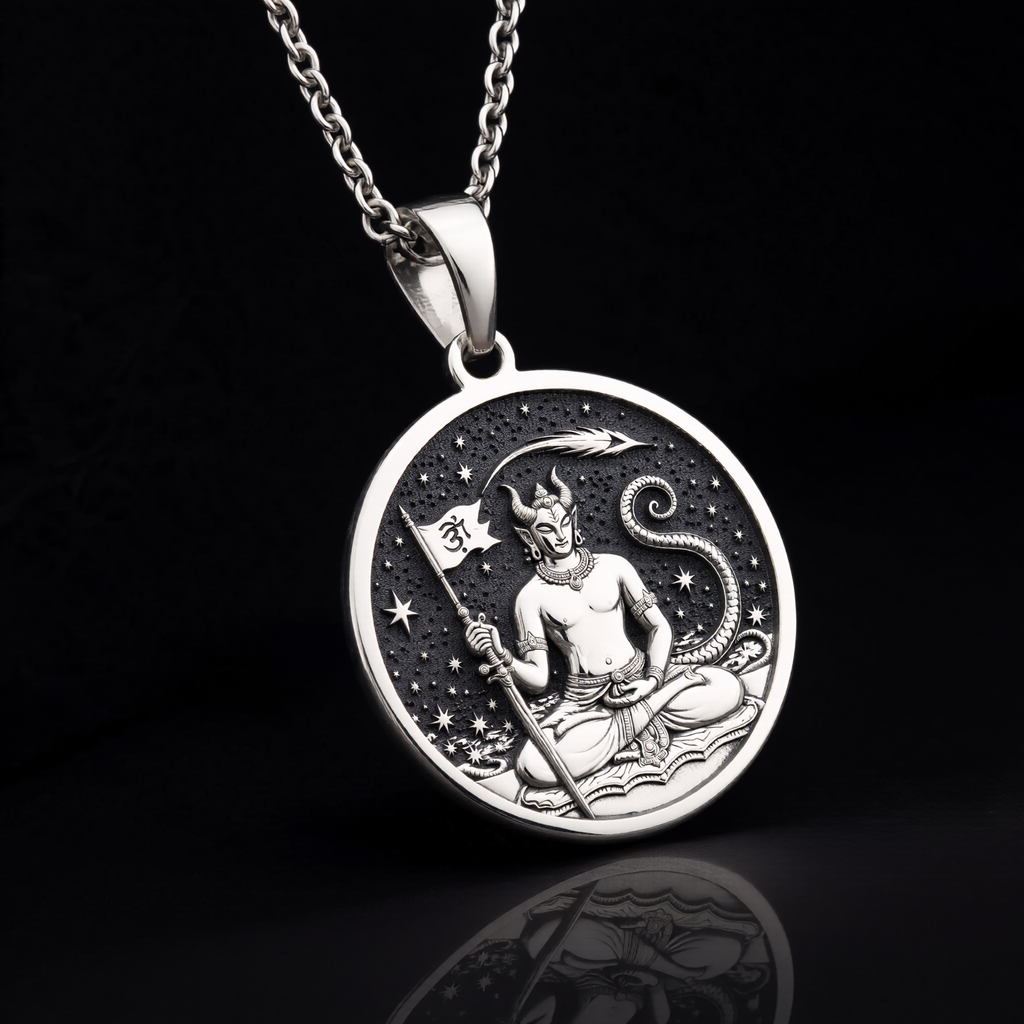 Ketu Vedic Lunar Node Astrological Pendant — Solid 925 Sterling Silver chain pairing view